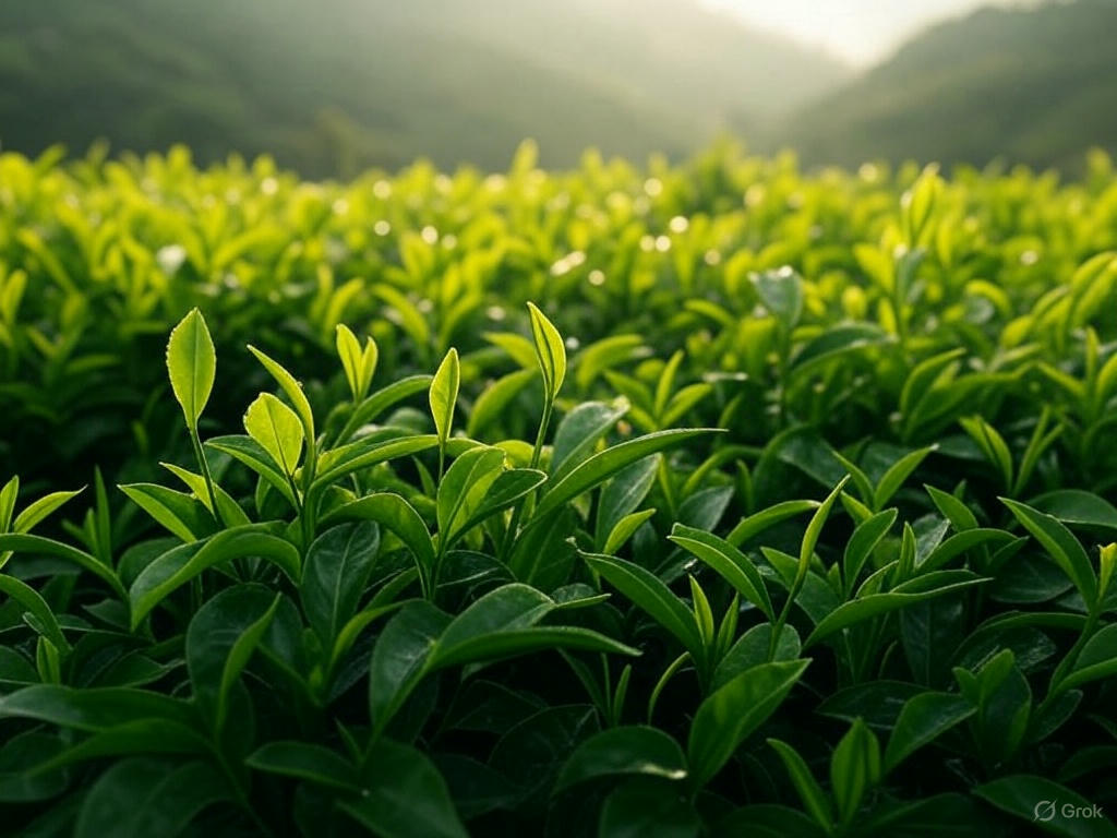 Lush green tea leaves in nature