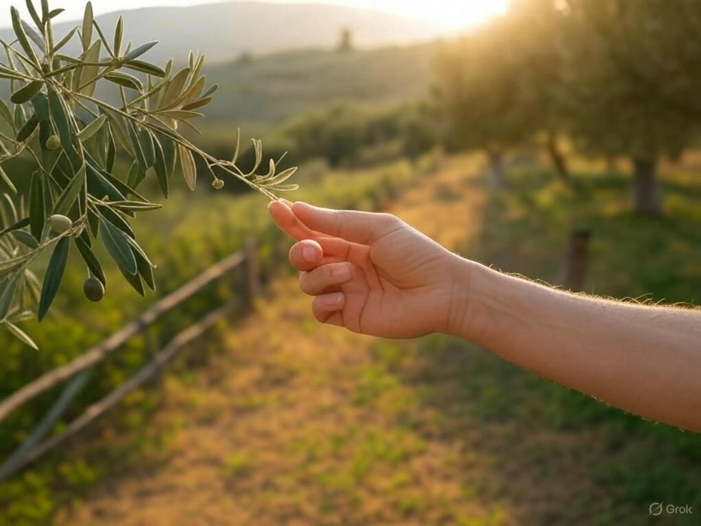 Hand reaching for an olive in a regenerative agricultural setting